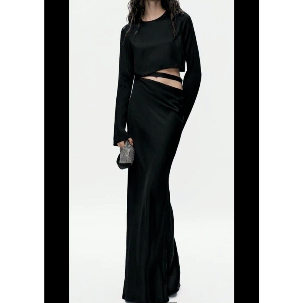 ZARA Black Slit Satin Effect Dress S Cut Out Long Maxi Semi Formal Long Sleeve
